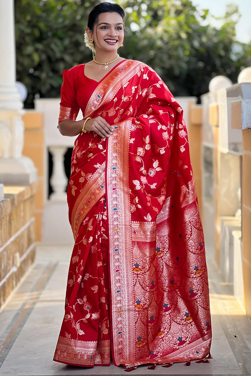 Ornate Red Soft Banarasi Silk Saree With Ephemeral Blouse Piece