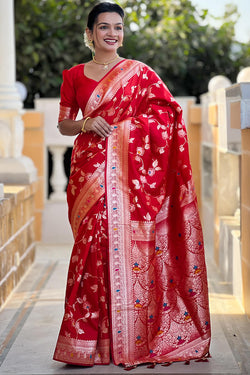 Ornate Red Soft Banarasi Silk Saree With Ephemeral Blouse Piece