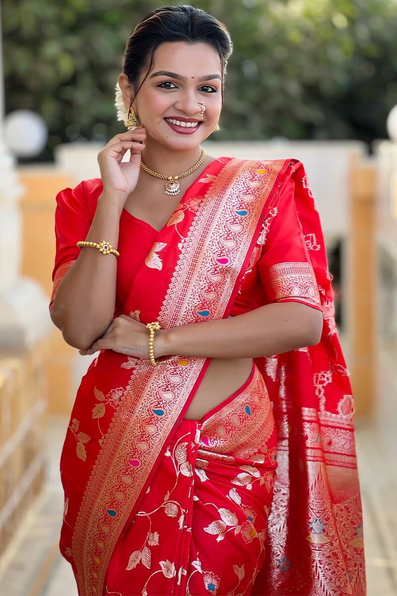 Ornate Red Soft Banarasi Silk Saree With Ephemeral Blouse Piece