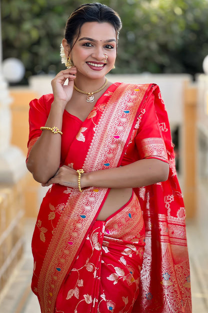 Ornate Red Soft Banarasi Silk Saree With Ephemeral Blouse Piece