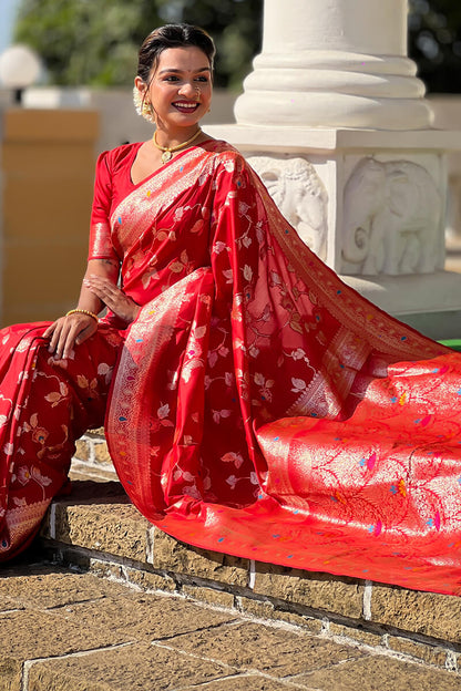 Ornate Red Soft Banarasi Silk Saree With Ephemeral Blouse Piece