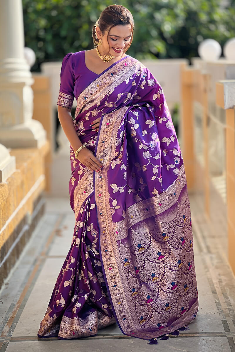 Piquant Royal Purple Soft Banarasi Silk Saree With Effulgent Blouse Piece