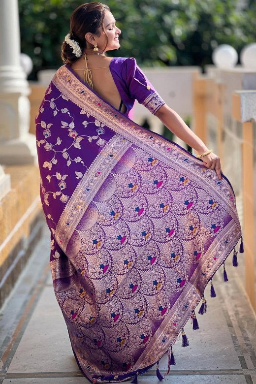 Piquant Royal Purple Soft Banarasi Silk Saree With Effulgent Blouse Piece