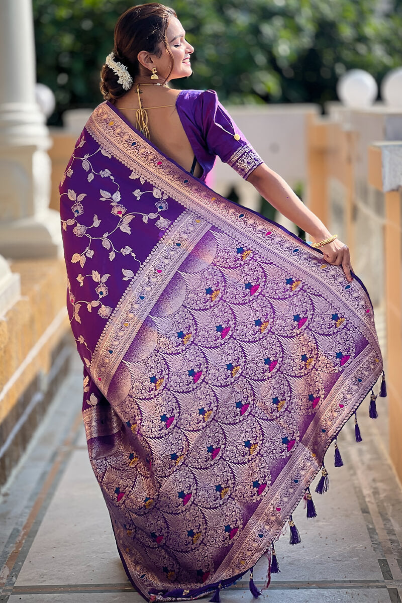 Piquant Royal Purple Soft Banarasi Silk Saree With Effulgent Blouse Piece