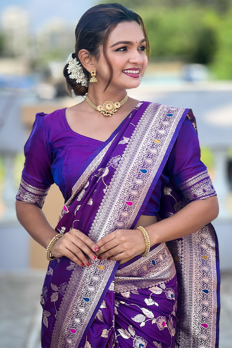 Piquant Royal Purple Soft Banarasi Silk Saree With Effulgent Blouse Piece