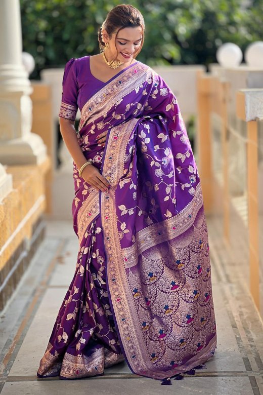 Piquant Royal Purple Soft Banarasi Silk Saree With Effulgent Blouse Piece