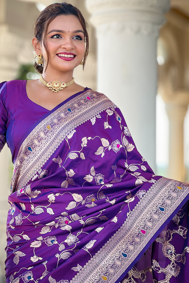 Piquant Royal Purple Soft Banarasi Silk Saree With Effulgent Blouse Piece