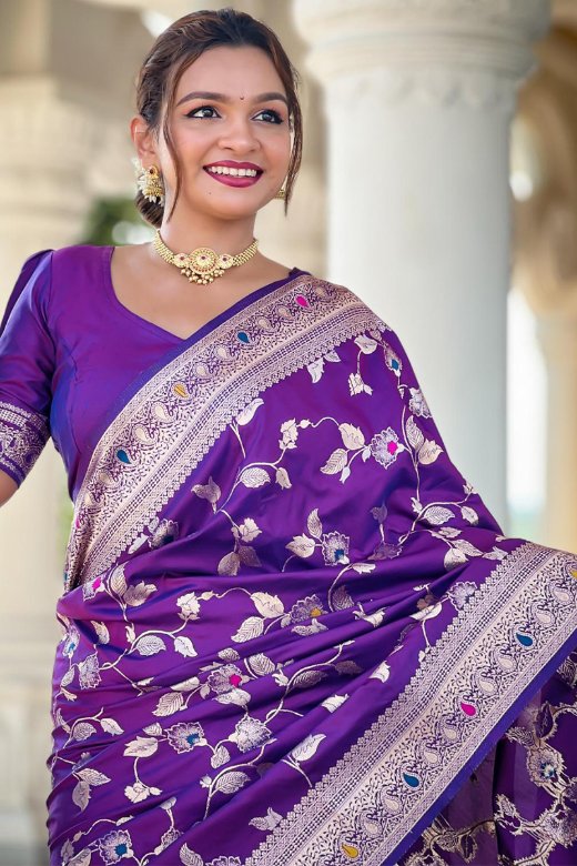 Piquant Royal Purple Soft Banarasi Silk Saree With Effulgent Blouse Piece