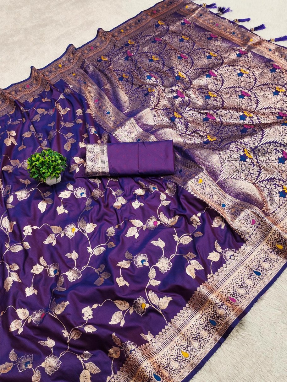 Piquant Royal Purple Soft Banarasi Silk Saree With Effulgent Blouse Piece