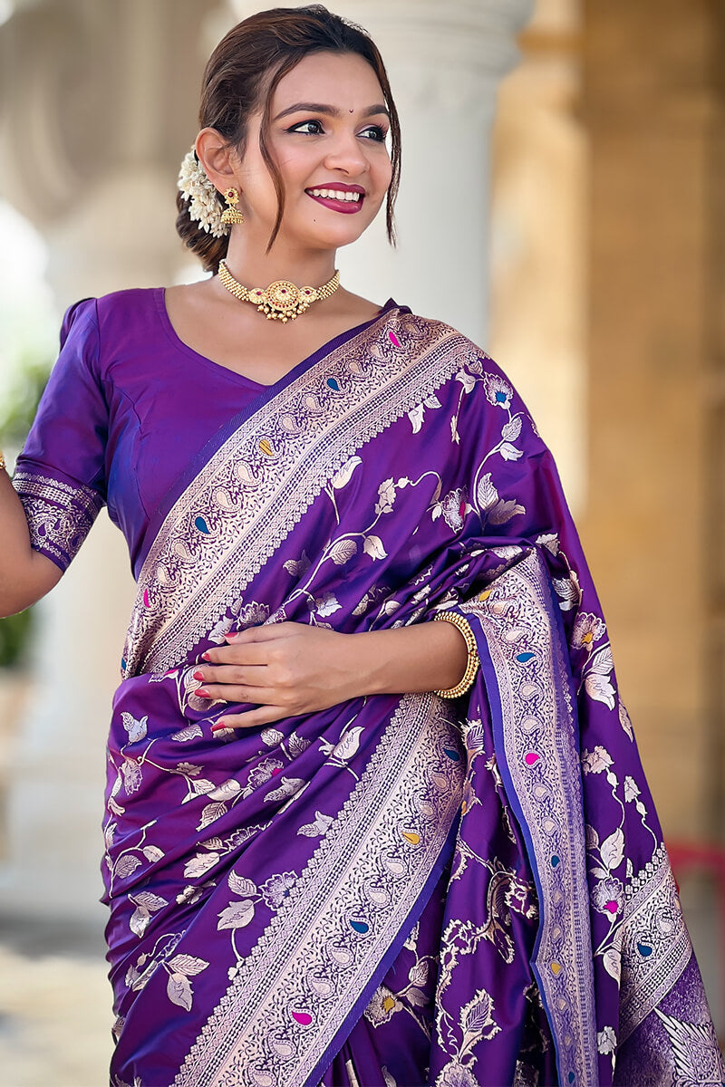 Piquant Royal Purple Soft Banarasi Silk Saree With Effulgent Blouse Piece