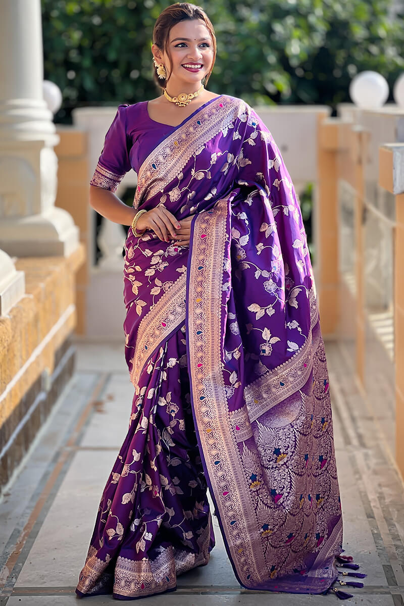 Piquant Royal Purple Soft Banarasi Silk Saree With Effulgent Blouse Piece