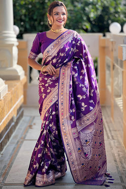 Piquant Royal Purple Soft Banarasi Silk Saree With Effulgent Blouse Piece