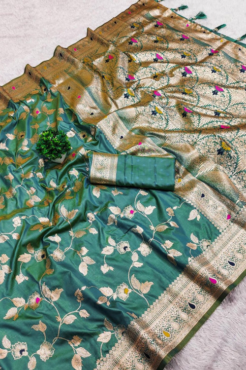 Load image into Gallery viewer, Ineffable Sea Green Soft Banarasi Silk Saree With Scrupulous Blouse Piece
