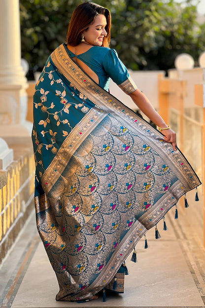 Ineffable Teal Blue Soft Banarasi Silk Saree With Zephyr Blouse Piece