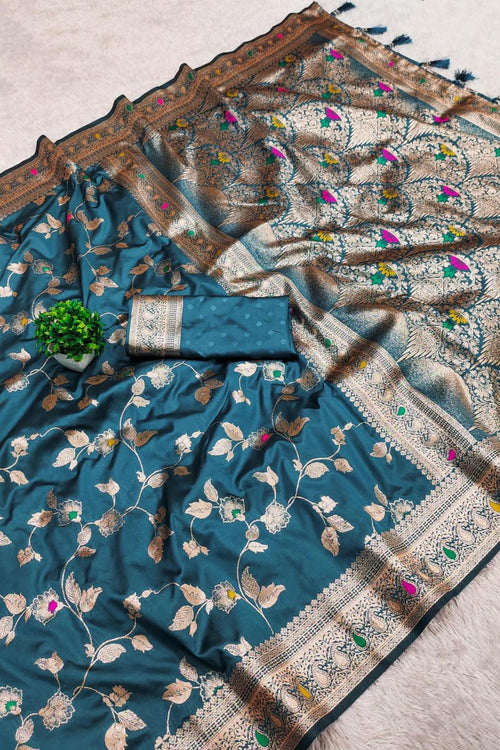 Load image into Gallery viewer, Ineffable Teal Blue Soft Banarasi Silk Saree With Zephyr Blouse Piece
