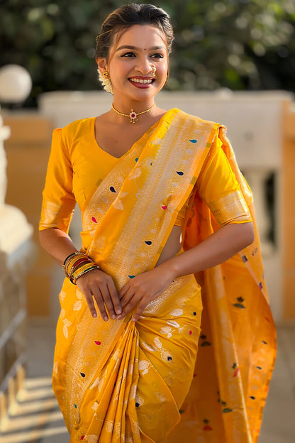 Opulent Yellow Soft Banarasi Silk Saree With Diaphanous Blouse Piece