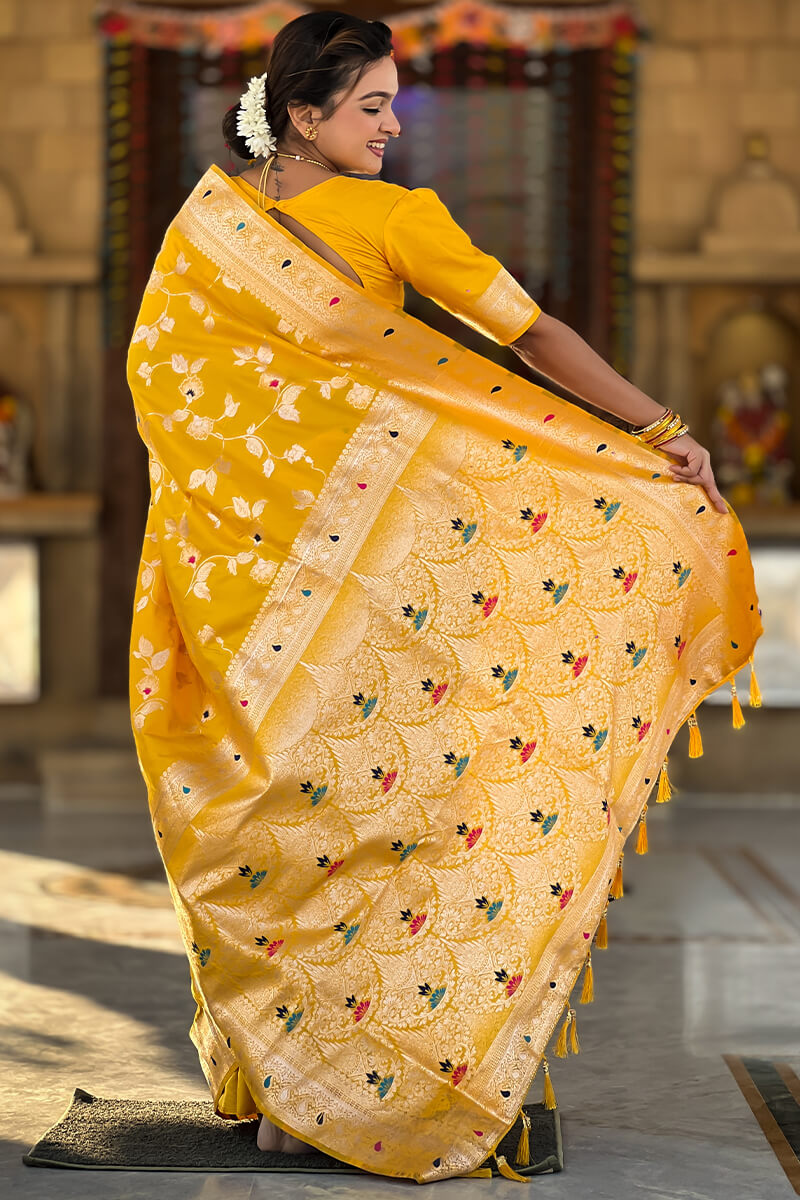 Opulent Yellow Soft Banarasi Silk Saree With Diaphanous Blouse Piece