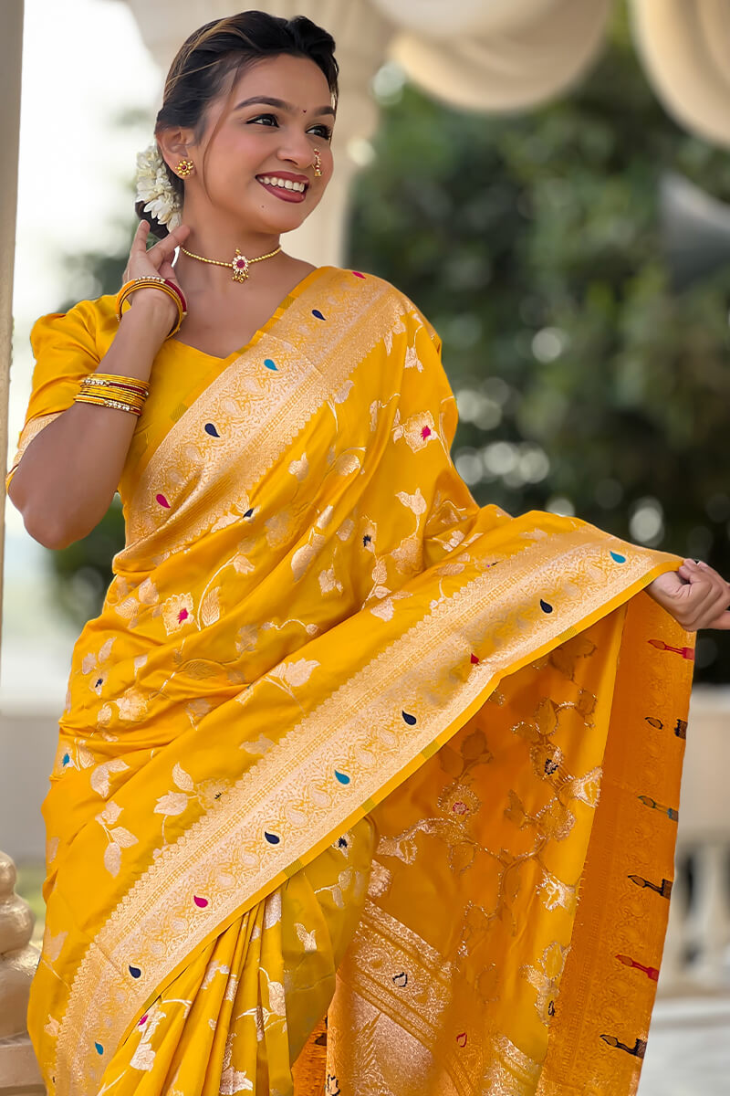 Opulent Yellow Soft Banarasi Silk Saree With Diaphanous Blouse Piece