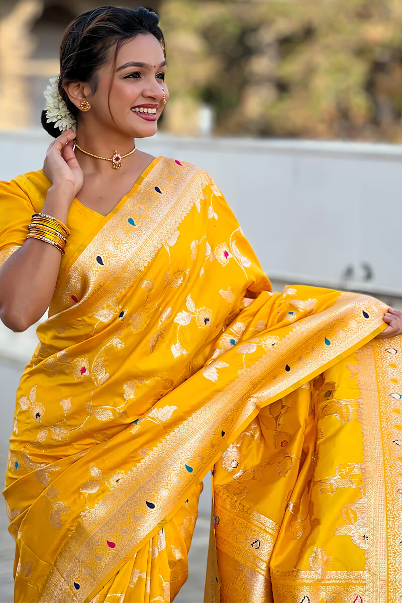 Opulent Yellow Soft Banarasi Silk Saree With Diaphanous Blouse Piece