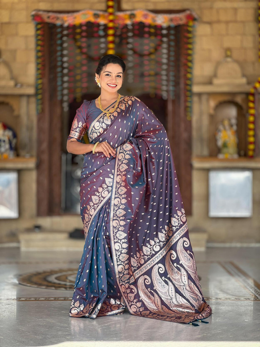 Pretty Dark Grey Soft Banarasi Silk Saree With Ratatouille Blouse Piece