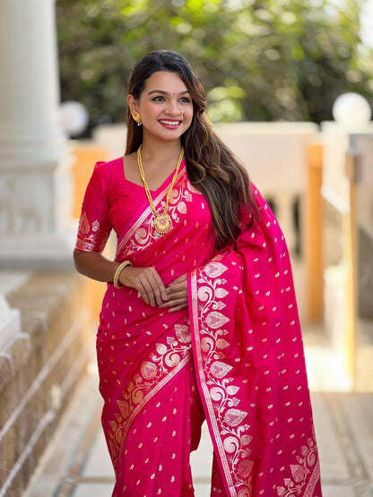 Wonderful Dark Pink Soft Banarasi Silk Saree With Propinquity Blouse Piece
