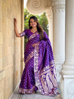 Felicitous Purple Soft Banarasi Silk Saree With Stunning Blouse Piece
