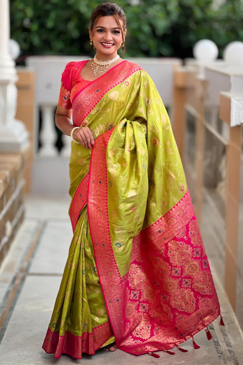 Load image into Gallery viewer, Improbable Mehndi Soft Banarasi Silk Saree With Resplendent Blouse Piece
