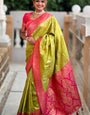 Improbable Mehndi Soft Banarasi Silk Saree With Resplendent Blouse Piece