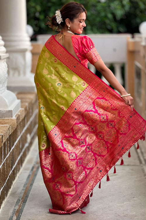 Load image into Gallery viewer, Improbable Mehndi Soft Banarasi Silk Saree With Resplendent Blouse Piece
