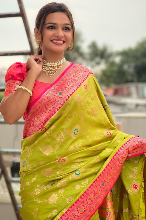 Load image into Gallery viewer, Improbable Mehndi Soft Banarasi Silk Saree With Resplendent Blouse Piece
