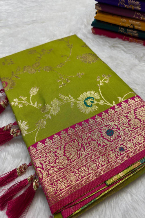 Load image into Gallery viewer, Improbable Mehndi Soft Banarasi Silk Saree With Resplendent Blouse Piece
