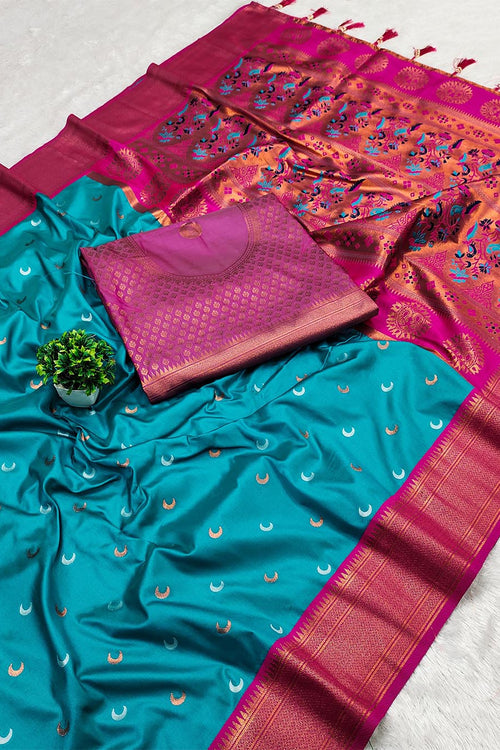 Load image into Gallery viewer, Staring Firozi Paithani Silk Saree With Beautiful Blouse Piece
