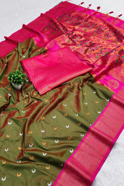 Load image into Gallery viewer, Impressive Mehndi Paithani Silk Saree With Breathtaking Blouse Piece
