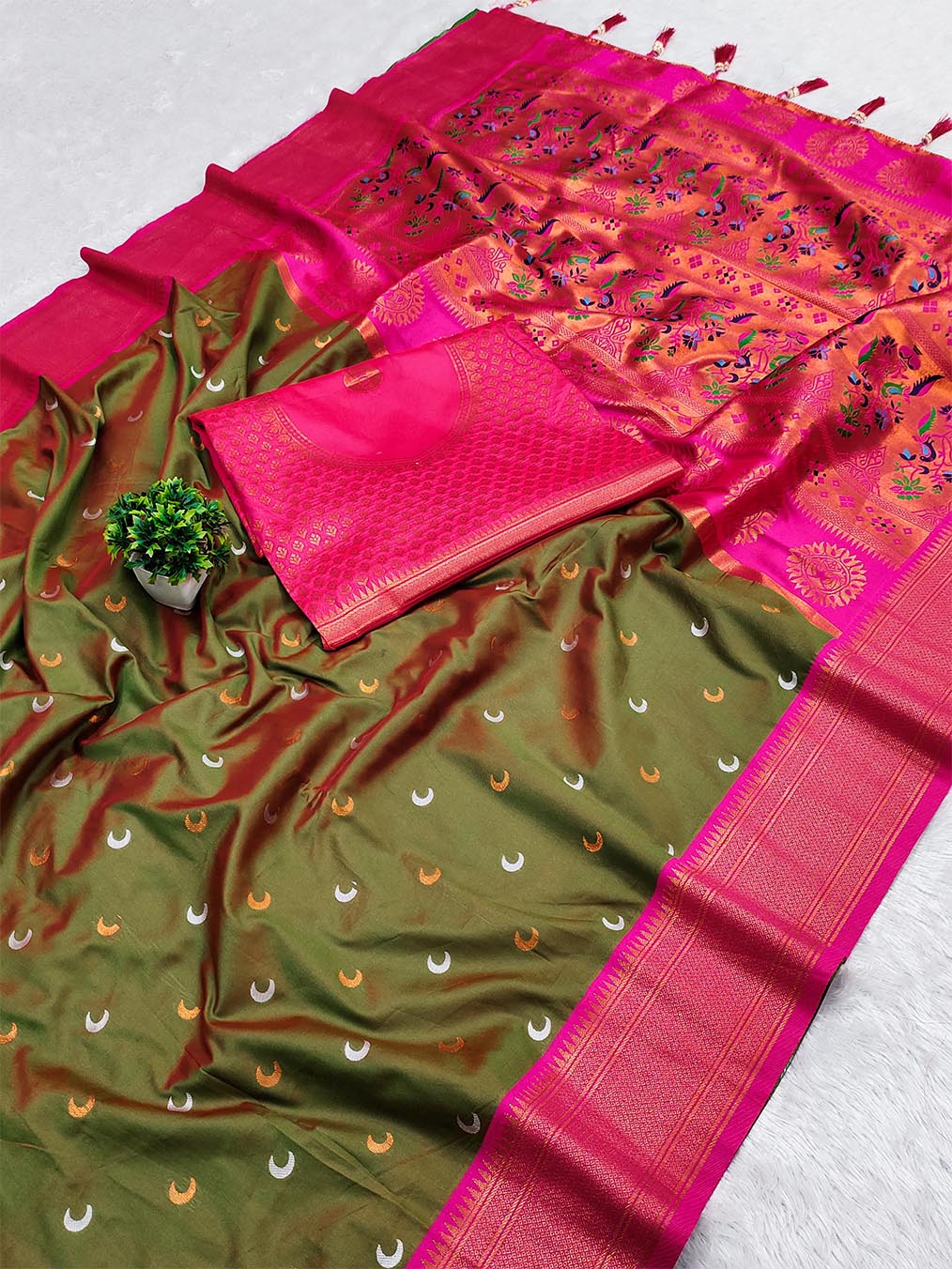 Impressive Mehndi Paithani Silk Saree With Breathtaking Blouse Piece