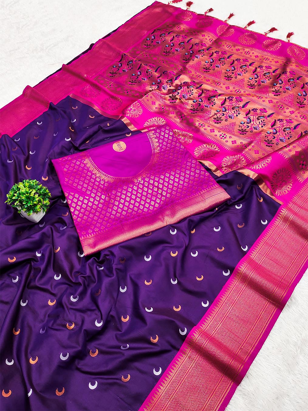 Elaborate Royal Purple Paithani Silk Saree With Pulsating Blouse Piece