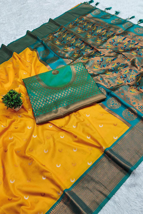 Load image into Gallery viewer, Cynosure Yellow Paithani Silk Saree With Tantalizing Blouse Piece
