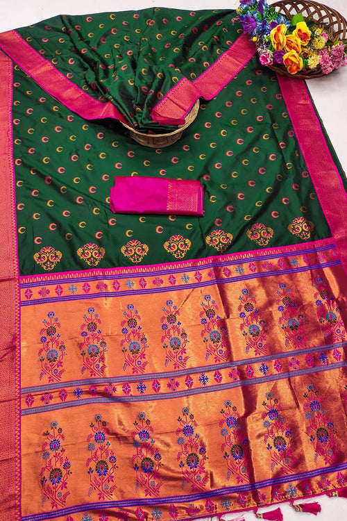 Load image into Gallery viewer, Majesty Dark Green Paithani Silk Saree With Fairytale Blouse Piece
