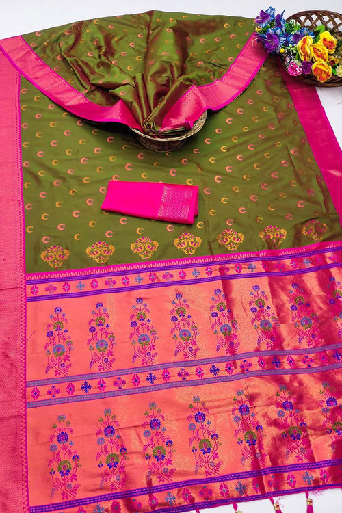 Load image into Gallery viewer, Symmetrical Mehndi Paithani Silk Saree With Elaborate Blouse Piece
