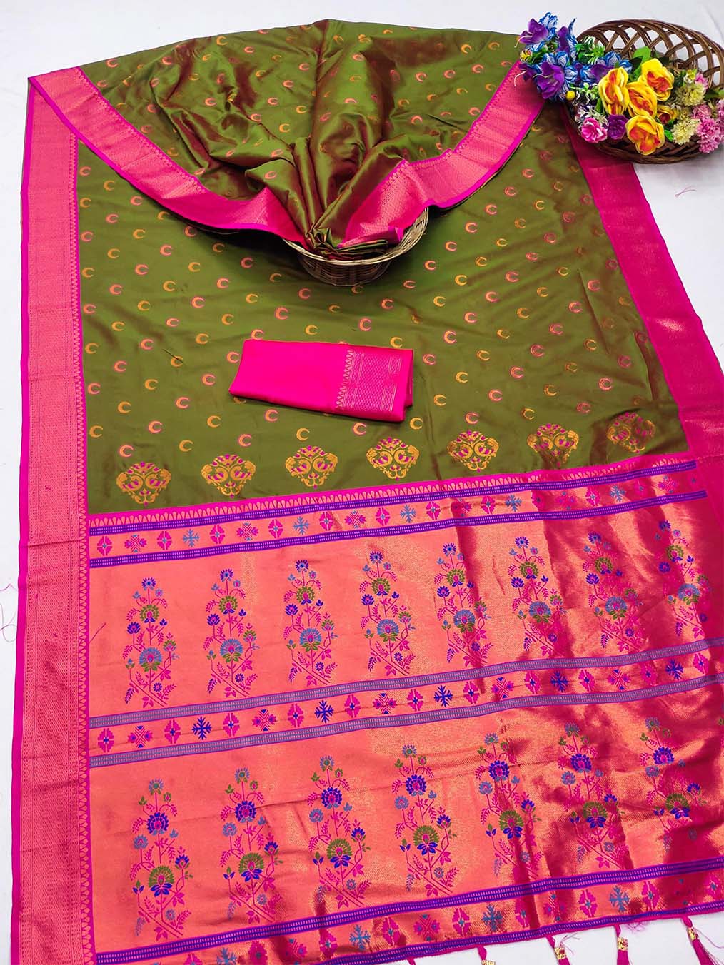 Symmetrical Mehndi Paithani Silk Saree With Elaborate Blouse Piece