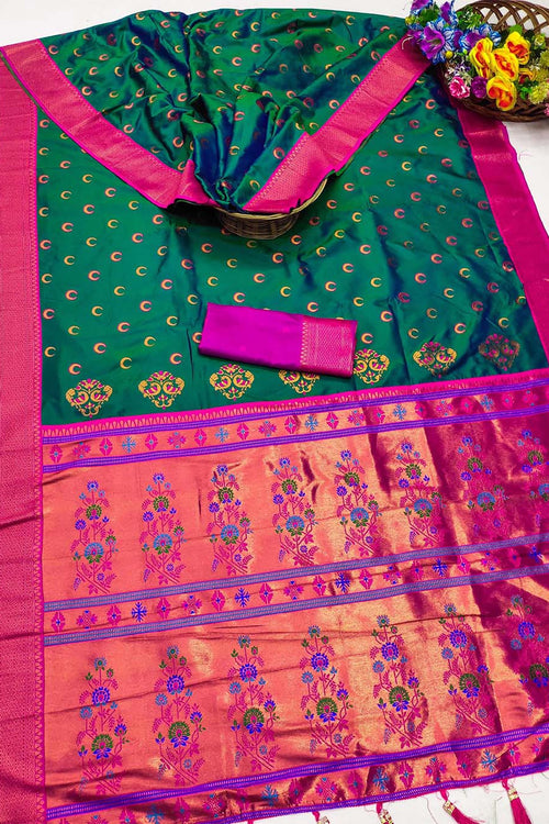 Load image into Gallery viewer, Petrichor Rama Paithani Silk Saree With Ephemeral Blouse Piece
