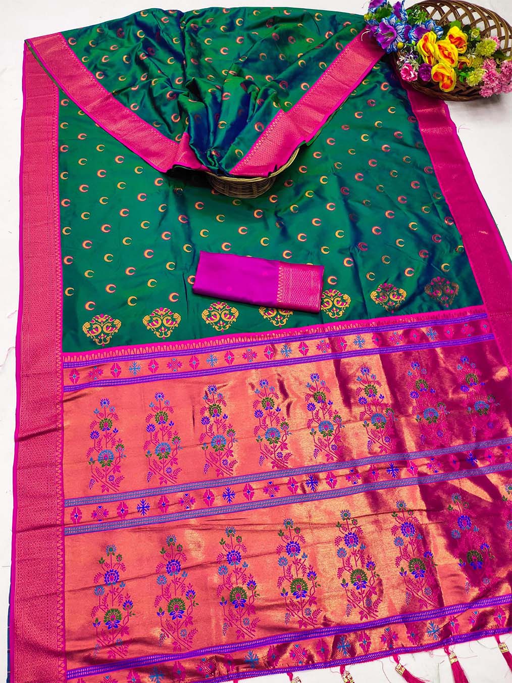 Petrichor Rama Paithani Silk Saree With Ephemeral Blouse Piece