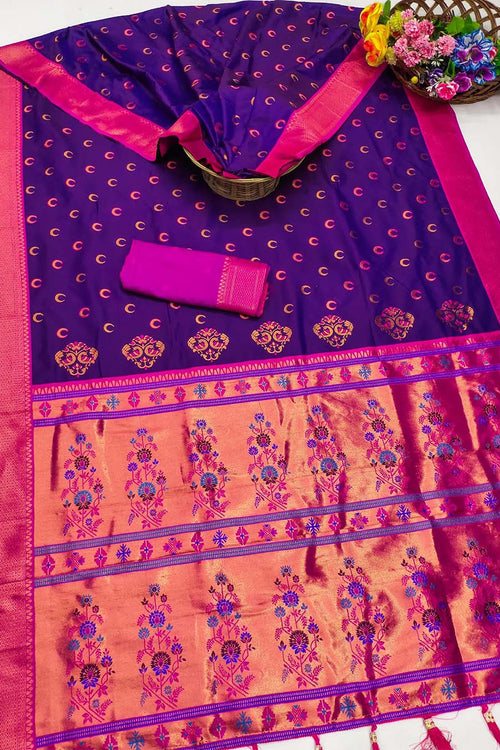 Load image into Gallery viewer, Dissemble Royal Purple Paithani Silk Saree With Assemblage Blouse Piece
