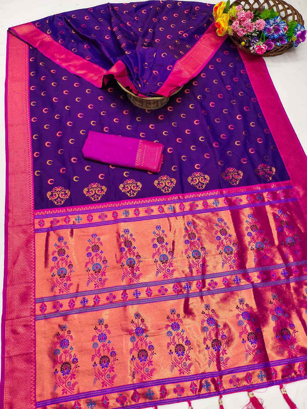 Dissemble Royal Purple Paithani Silk Saree With Assemblage Blouse Piece