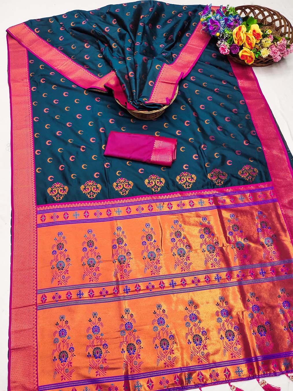 Blissful Teal Blue Paithani Silk Saree With Breathtaking Blouse Piece