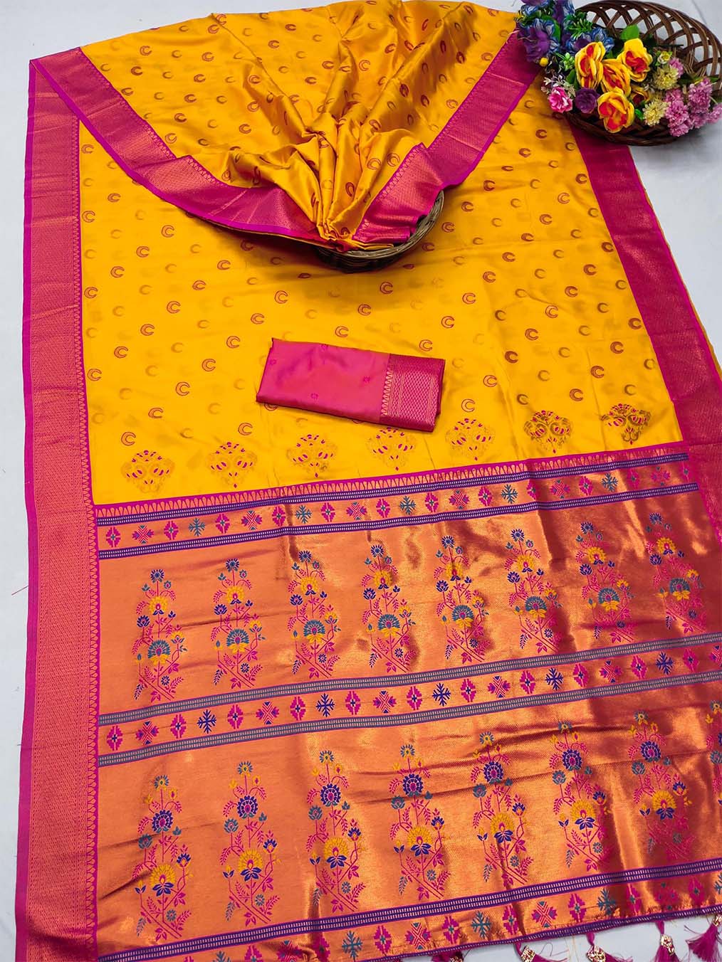 Intricate Yellow Paithani Silk Saree With Phenomenal Blouse Piece