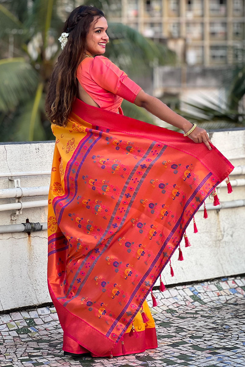 Intricate Yellow Paithani Silk Saree With Phenomenal Blouse Piece