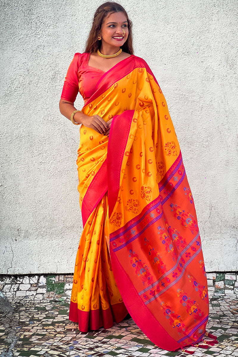 Intricate Yellow Paithani Silk Saree With Phenomenal Blouse Piece