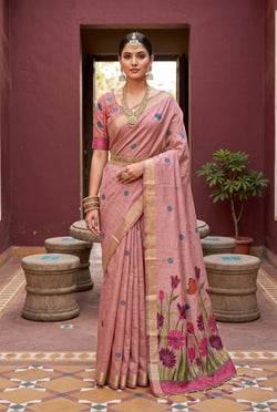 Innovative Pink Pure Munga Cotton Silk Saree With Extraordinary Blouse Piece