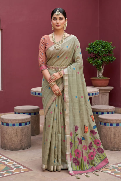 Invaluable Pista Pure Munga Cotton Silk Saree With Fugacious Blouse Piece