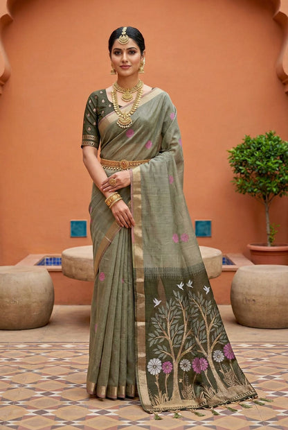Effulgent Grey Pure Munga Cotton Silk Saree With Unequalled Blouse Piece